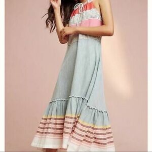 ANTHROPOLOGIE Lilka Halter Maxi Sundress with Slightly High-Low Hem & pockets